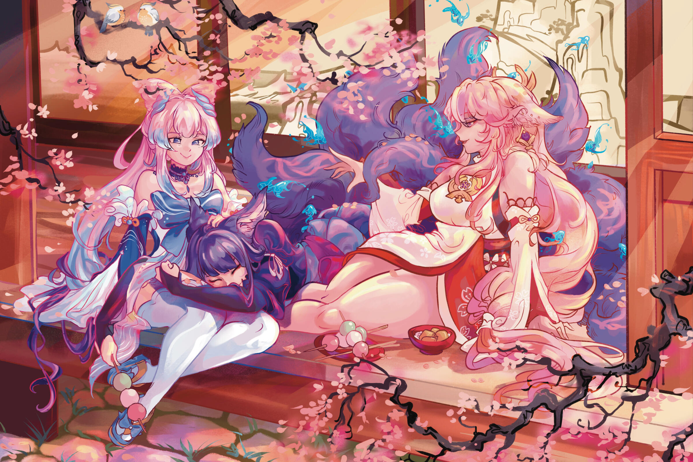 Reclining with Dango (Kokomi, Ei, Yae Miko, Genshin Impact)